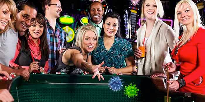 a women throwing coronavirus dice at a craps table