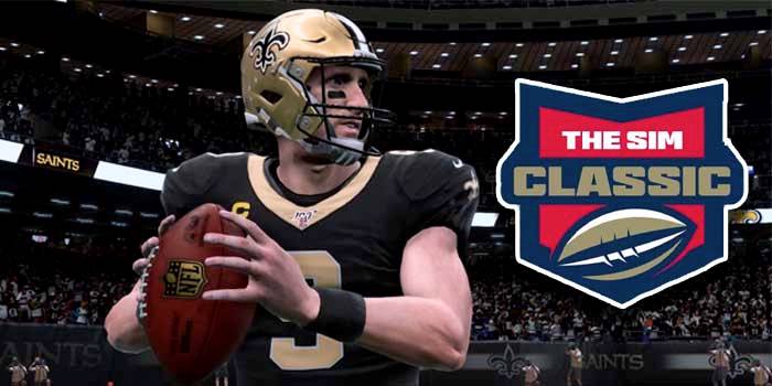 Virtual Drew Brees holding a football with Bovada's The Sim Classic logo to the right