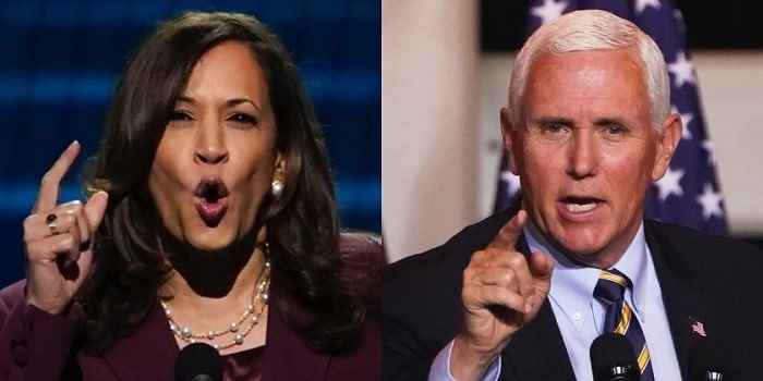 kamala harris and mike pence pointing fingers at camera