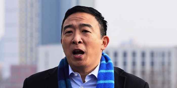 andrew yang speaking outside in new york during his 2021 nyc mayoral campaign